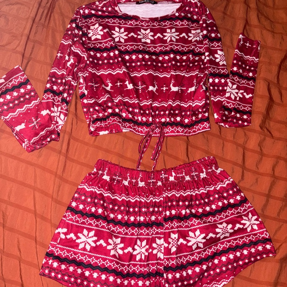 SHEIN Red and White Holiday Pajama Set